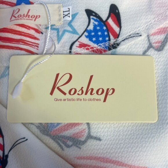 Roshop Patriotic Shirt Blouse Womens XL White Red Blue New Butterfly Flags - Picture 10 of 10